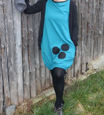 Dámské BALONOVÉ šaty  - PETROL + černé puntíky | XS, S, M, L, XL