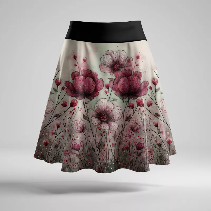 Dámská půlkolová sukně - Bordó květy vyrobeno v ČR