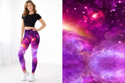 Designové legíny, přírodní, ombré, abstraktní, fialové, růžové, galaxie, vesmír